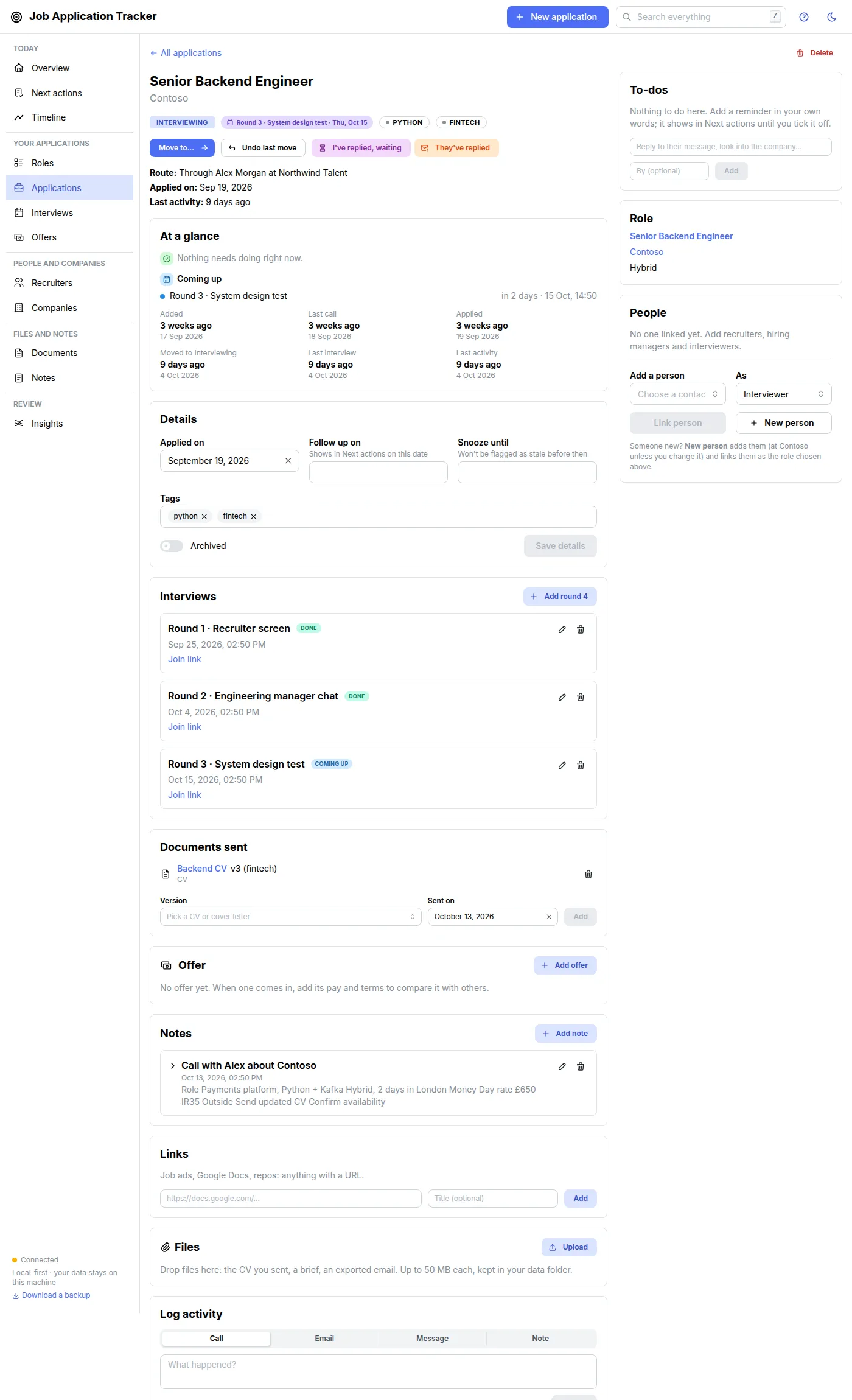 An application's page with interview rounds, notes, links and files