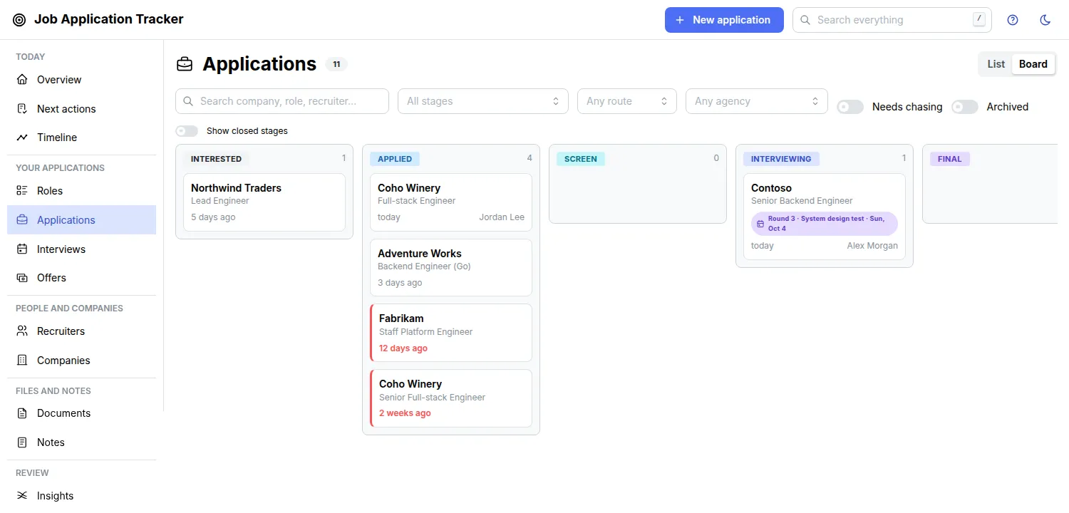 Kanban board of applications by stage, with interview round badges