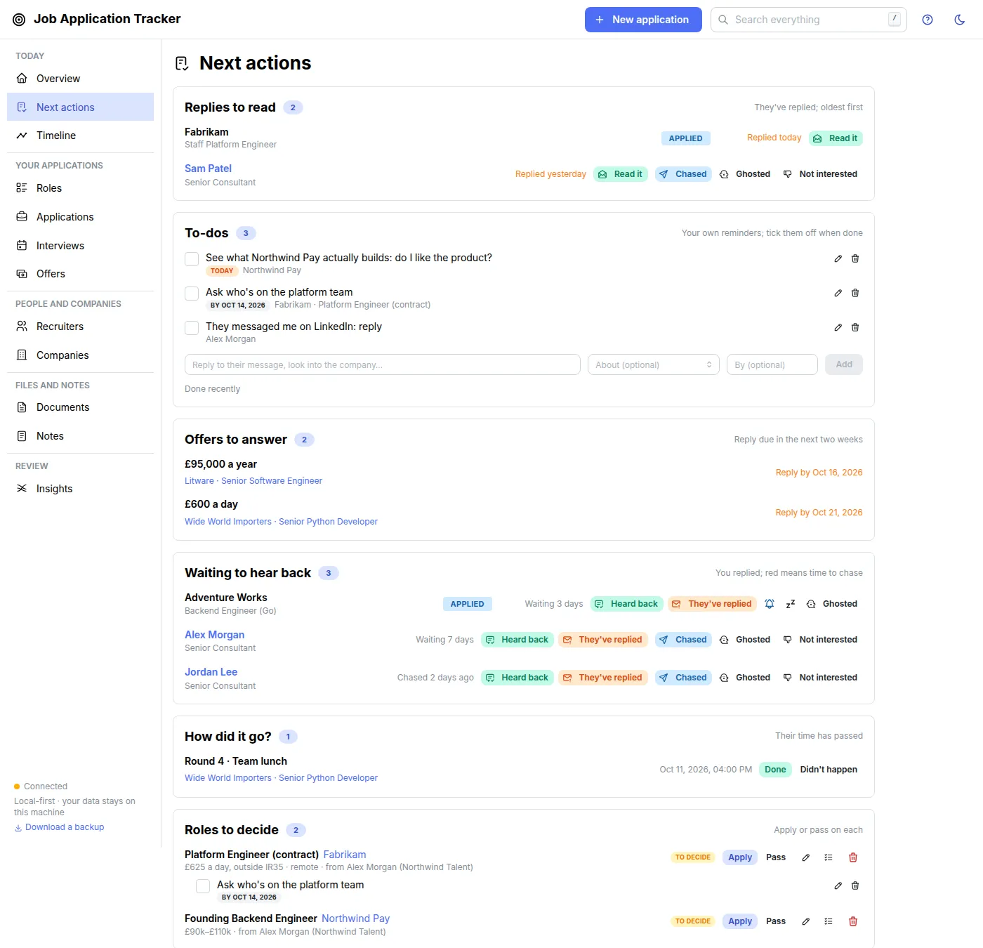 Next actions: replies to read, to-dos, offers to answer, waiting to hear back and follow-ups