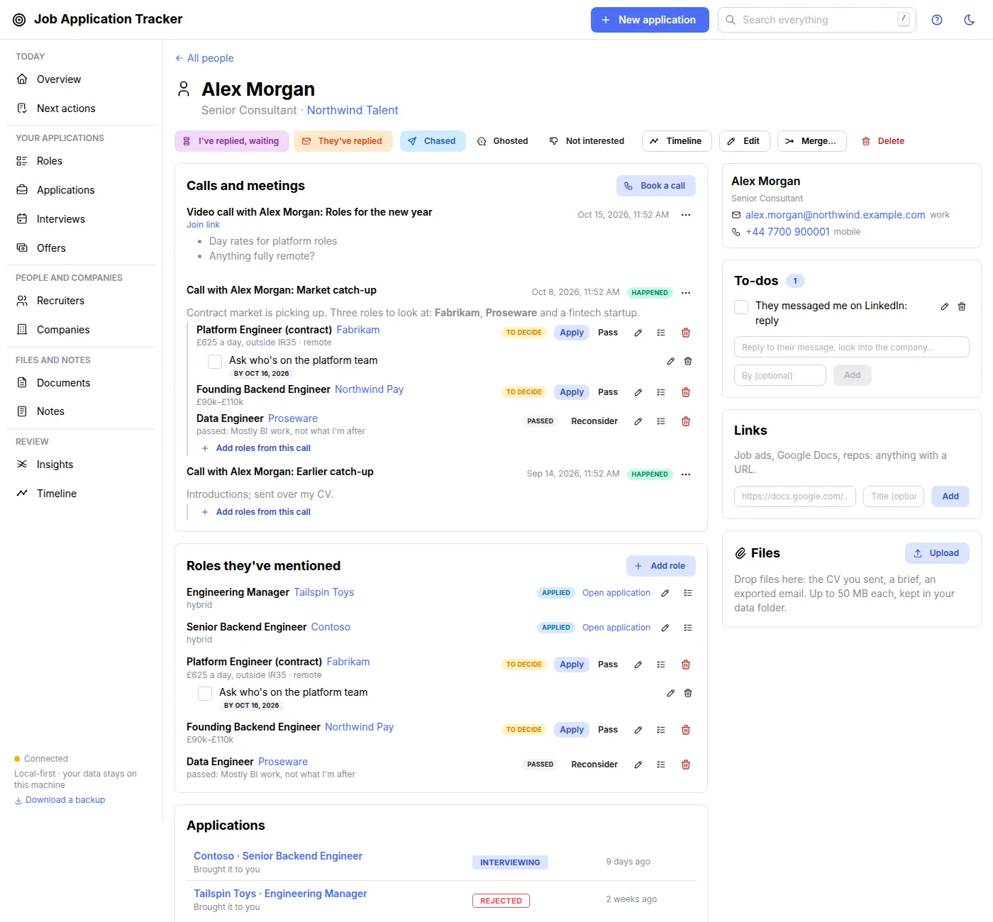 A recruiter's page with a booked call, a past call and the roles they mentioned