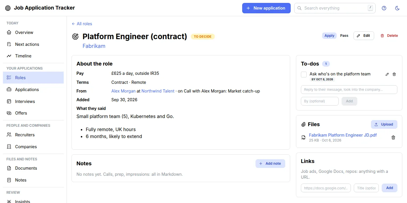 A role's page with pay, the recruiter, notes and the job description